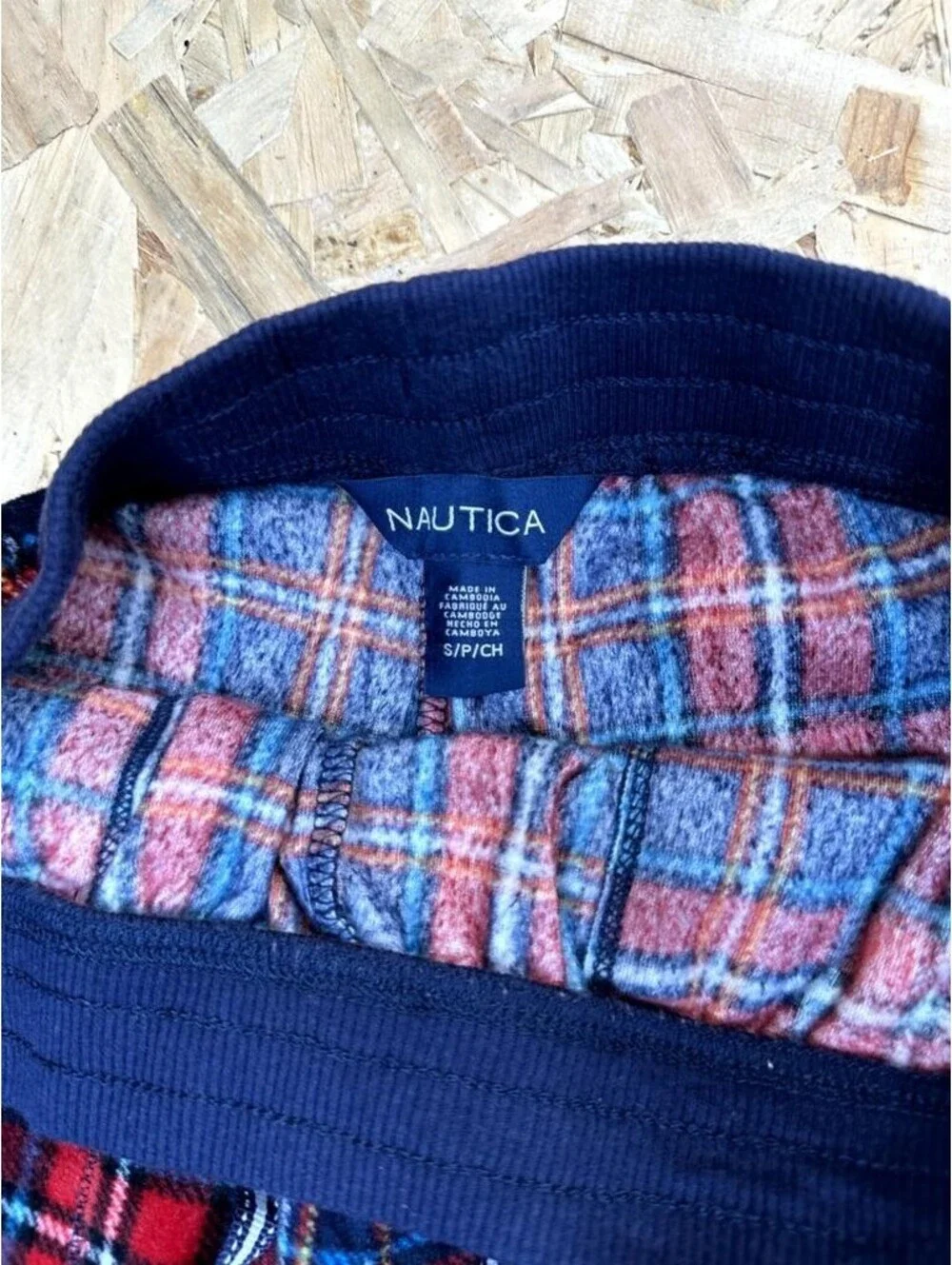 Nautica Pajama Pants Mens Small Red Blue Plaid Fleece Lounge Sleepwear